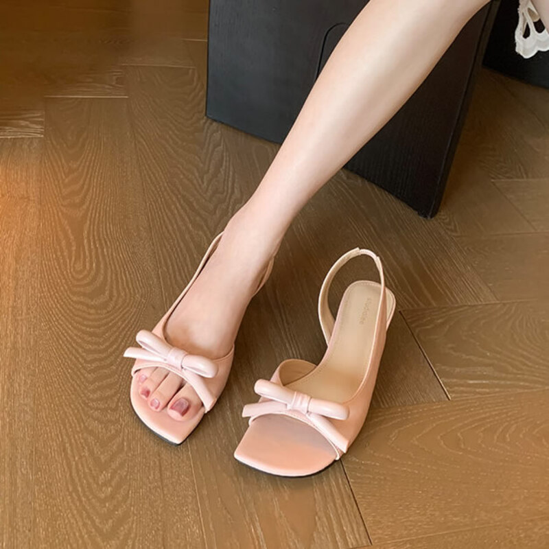 Slip Dress Satin - Elegant bow satin low heels sandals