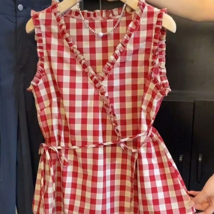 Retro Red Plaid Sleeveless Ves - Corset Waist Cinch 评论和价格